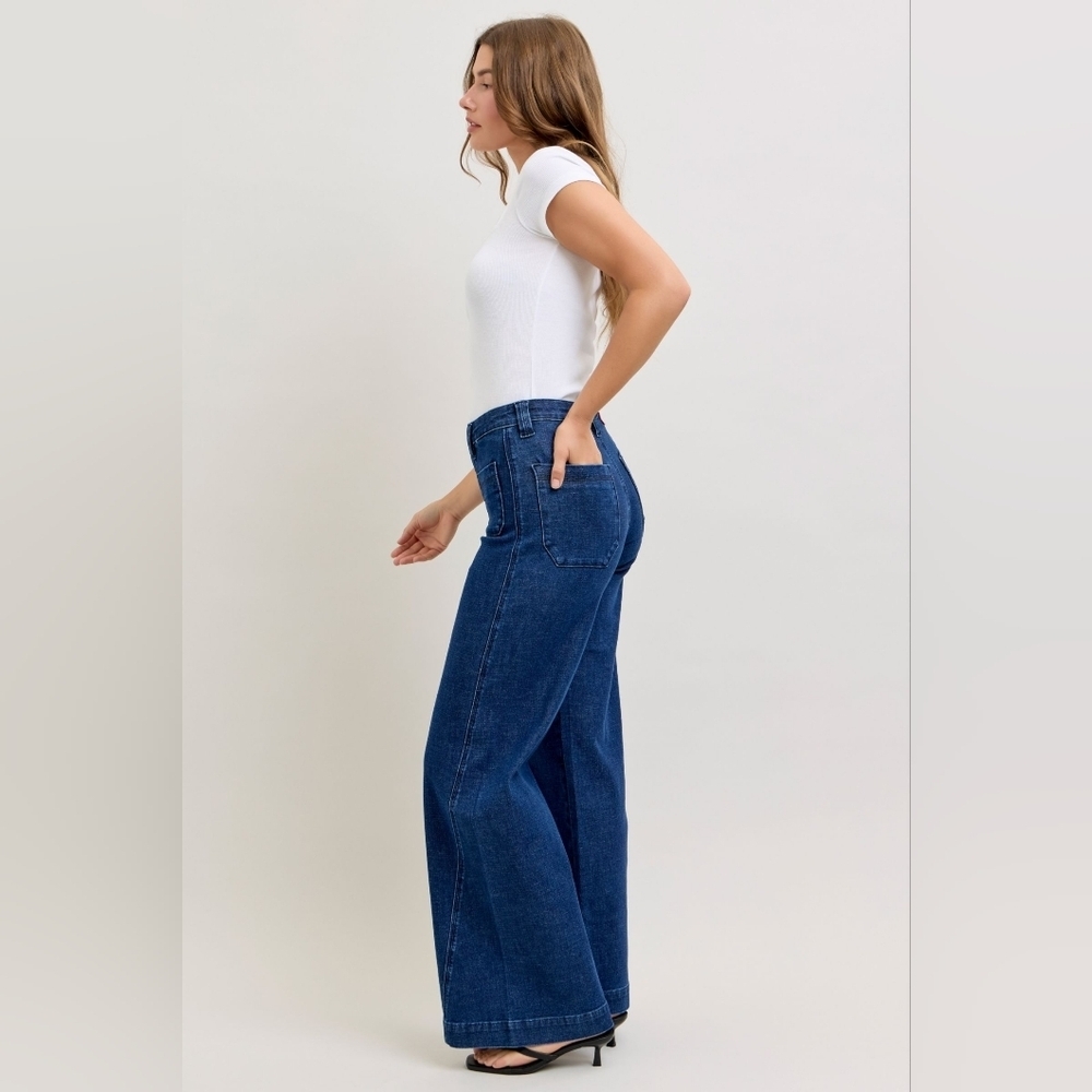 Judy Blue HR Dark Wash Retro Wide Leg Jeans Patch Pocket Wrap Seam Various NEW - Picture 6 of 10